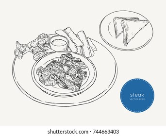 sliced beef steak , serve with fresh salad , french fries and bread. hand draw sketch food vector.