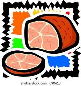 Jamón de ternera o cerdo cortado. Ilustración vectorial.