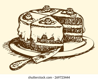 Sliced big dark cacao tasty flavor torte with curd butter whipped topping crust and floral decor on white plate with cutting knife. Freehand ink drawn background sketch in doodle style pen on paper