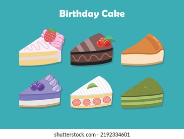 Sliced birthday cake with a variety of flavors of afternoon tea snacks