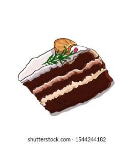 Sliced a bisquit cake with creamcheese, covered with a sugar glaze, on top of the cake the decor of slice of mandarine and red berries. 