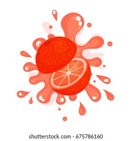 Sliced bloody red orange juice splashing, colorful fresh juicy fruit vector Illustration