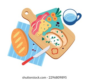 Sliced Bread with Cheese and Bacon on Cutting Board as Tasty Breakfast or Brunch with Typical Food Vector Illustration