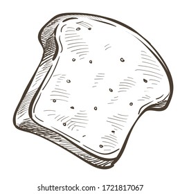 Sliced bread in closeup. Crusty delicious bun, baked food monochrome sketch outline. Isolated bakery product made with wheat flour. Menu for dieting, eating organic meal, vector in flat style