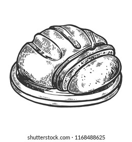 Sliced bread engraving vector illustration. Scratch board style imitation. Black and white hand drawn image.