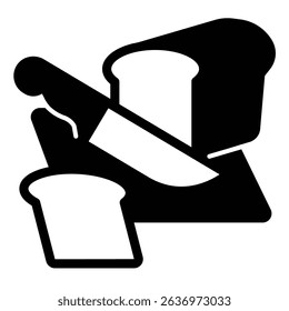Sliced bread with knife on wooden board solid icon, culinary cooking concept. Vector graphics. Bread loaf slice, bakery sign on white background, style mobile or design