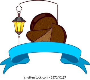 Sliced bread and lantern with blue ribbon. Vector illustration.