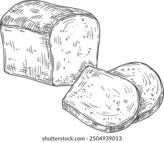 Sliced bread loaf engraving. Cutted bakery sketch