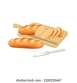 Sliced bread and loaf on wood board with knife isolated. white background Top view. Vector illustration.