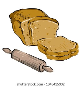 Pan de pan en rodajas y alfiler, vector dibujado a mano de color