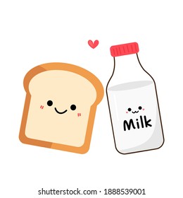 Sliced bread and milk bottle icon on white background vector illustration. Cute cartoon food.
