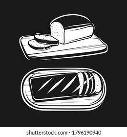 Sliced bread on a board. Cooking toast for breakfast. Bread on the cutting board. Vector illustration. Black and white vector objects.