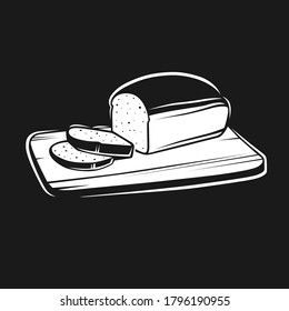 Sliced bread on a board. Cooking toast for breakfast. Bread on the cutting board. Vector illustration. Black and white vector objects.