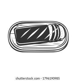 geschnittenes Brot auf einem Brett. Kochen zum Frühstück. Brot auf dem Schneidbrett. Vektorgrafik. Schwarz-Weiß-Vektorobjekt.