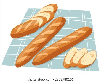 Sliced bread on a kitchen napkin. Freshly baked baguette, loaf. vector illustration in the style of cartoon, flat