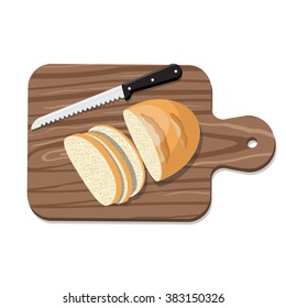 Sliced Bread On Slicing Board With Knife. Vector Illustration.