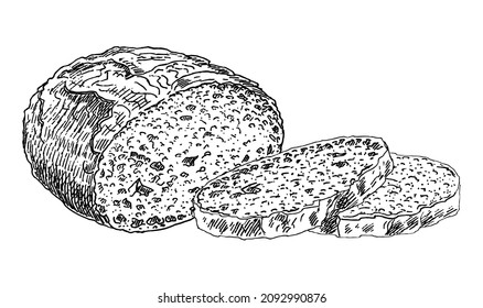 Sliced bread on a white background. Fresh hot baked goods. Bakery and food. Vector black and white illustration. Hand drawn outline sketch