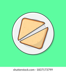 Sliced Bread On The White Plate Vector Icon Illustration. Plate With Toasted Bread Flat Icon