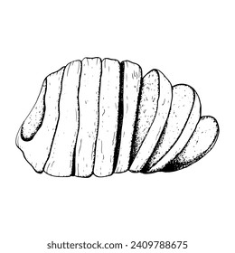 Sliced bread vector black and white illustration for breakfast toasts, rustic food, French cuisine, casual food sketch for Shavuot picnic