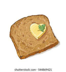 Sliced Brown bread with a butter hart leaf parsley isolated on white background top view vector illustration isolated