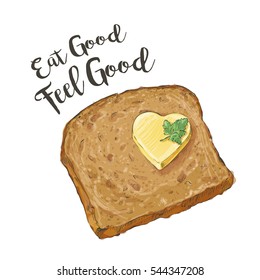 Sliced Brown bread with a heart of butter leaf parsley  isolated on white background top view vector illustration isolated