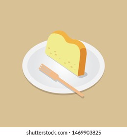 Sliced  butter cake with wooden fork on dish vector.Bakery meal concept.pound cake