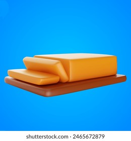 Sliced butter or cheese on wooden board in 3d cartoon style. Cute realistic render element isolated on color background. Soft child toy. Bright vector illustration.