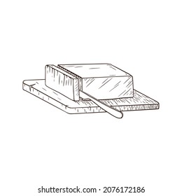 Sliced Butter with Knife Engraved Illustration. Line Art. Hand drawn block of margarine for logo, recipe, print, sticker, bakery menu design and decoration