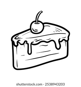 sliced cake with cherry drawing coloring line art style sketch classic vintage design illustration