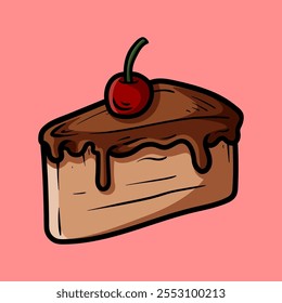 sliced cake with cherry isolated drawing line art style sketch classic vintage design illustration