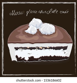 Sliced a cake of mousse with chocolate bisquit, covered with a chocolate mirror glaze, on top of the cake the decor of italian merenques. Menu card on a chalkboard with handwritten mext.