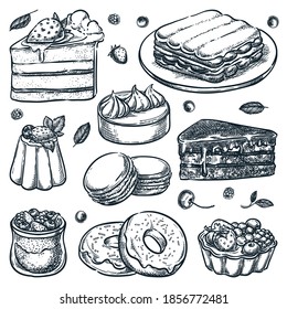 Kollektion von geschnittenen Kuchen einzeln auf weißem Hintergrund. Vektorhandgezeichnete Skizzengrafik. Desserts-Icons und Café-Design Elemente Set. Süßes Gebäck, Käsekuchen, Chiapudding, Makaronen, Zitronentost