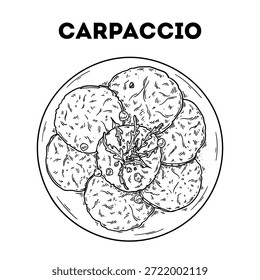 Sliced Carpaccio sketch. Vector drawing  illustration. Italian food. Italian cuisine. Hand drawn. Top view. Not AI Generated.
