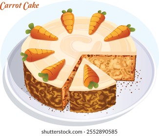 Sliced Carrot Cake with Cream Cheese Frosting and Marzipan Carrots Toppings. European Dessert Vector Art 