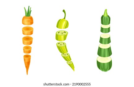 Sliced Carrot, Pepper and Zucchini Arranged in Vertical Row as Cut Food Vector Set