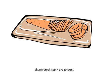 Sliced carrots on a wooden Board on an isolated white background. Vector illustration.