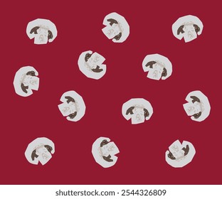 geschnittener Champignon-Pilzvektor, Illustration mit dunkelrotem Hintergrund für Tapeten, Papierumschlag, Fliesen, Muster oder jede Verwendung. 