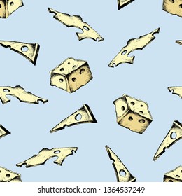 Sliced ​​pieces of cheese, drawn seamless pattern. Backdrop, wrapping design, scrapbooking graphics