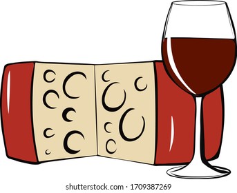 Sliced cheese head with a glass of red wine