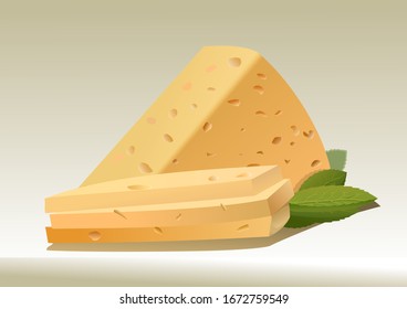 Sliced cheese head with slices and herbs. Vector illustration. Milk creamy hard yellow holey rural cheese. Green mint leaves. Eco-friendly natural traditional food. Element for label packaging.