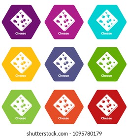 Sliced cheese icons 9 set coloful isolated on white for web
