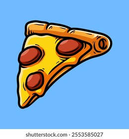 sliced cheese pizza with pepperoni isolated colored drawing line art style sketch classic vintage design illustration