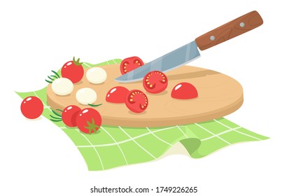 Sliced cherry tomatoes with mozzarella and rosemary leaves. Sliced shares of cherry tomatoes. Vector illustration in flat style.