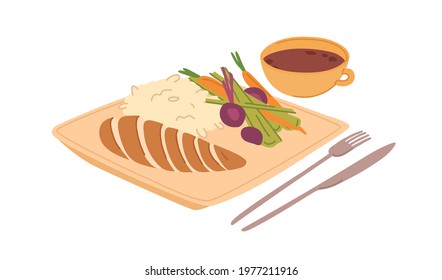 Sliced chicken fillet, rice, and fresh vegetables served on plate with tea cup. Healthy balanced steamed food for lunch or dinner. Colored flat vector illustration isolated on white background