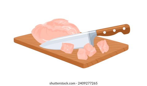 Carne de pollo cortada con cuchillo en la tabla de corte. Concepto de cocina. Ilustración de dibujos animados.