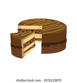 Sliced Chocolate cake with movable cake parts. Brown colored cake on white background