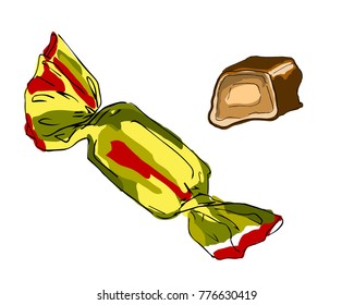 A sliced chocolate candy stuffed and more wrapped candies on the back