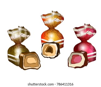 A sliced chocolate candy stuffed and more wrapped candies