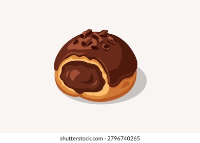 Sliced chocolate cream puff or bun filled with rich chocolate paste topped with dark glaze and chocolate curls vector illustration