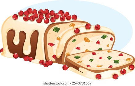 Sliced Christmas Fruit Cake Loaf with Cream and Cranberry Toppings. Traditional Tutti Frutti Holiday Dessert  